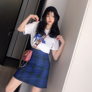XJLYHZX法式复古高腰格子半身裙防走光bm显瘦a字蓝格子包臀裙短裙