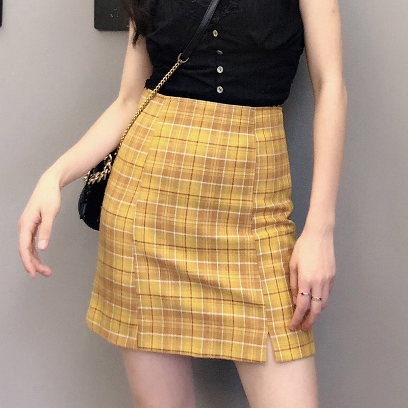 美式少女复古格子显瘦高腰性感ins双开叉包臀裙a字修身防走光短裙,女装/女士精品,半身裙,淘宝优惠券,粉丝福利购,淘宝优惠卷