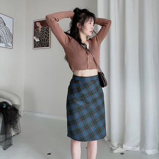 XJLYHZX女装春秋季新款复古菱形斜格纹半身裙百搭高腰中长裙