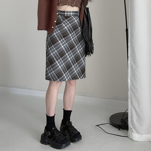 菱形格纹半身裙女2025春季 高腰复古百搭包臀气质高级感中长裙 新款