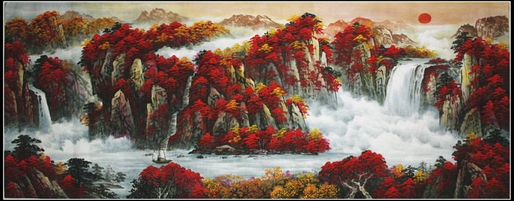 纯手绘国画金秋重彩日出桂林山水