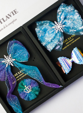 秋季新款冰雪奇缘发饰公主儿童头饰套装礼盒韩国大蝴蝶结发夹蓝色