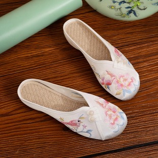 古風漢服鞋 夏季 民族風緞面繡花拖鞋 女低跟復古旗袍拖鞋 老北京布鞋