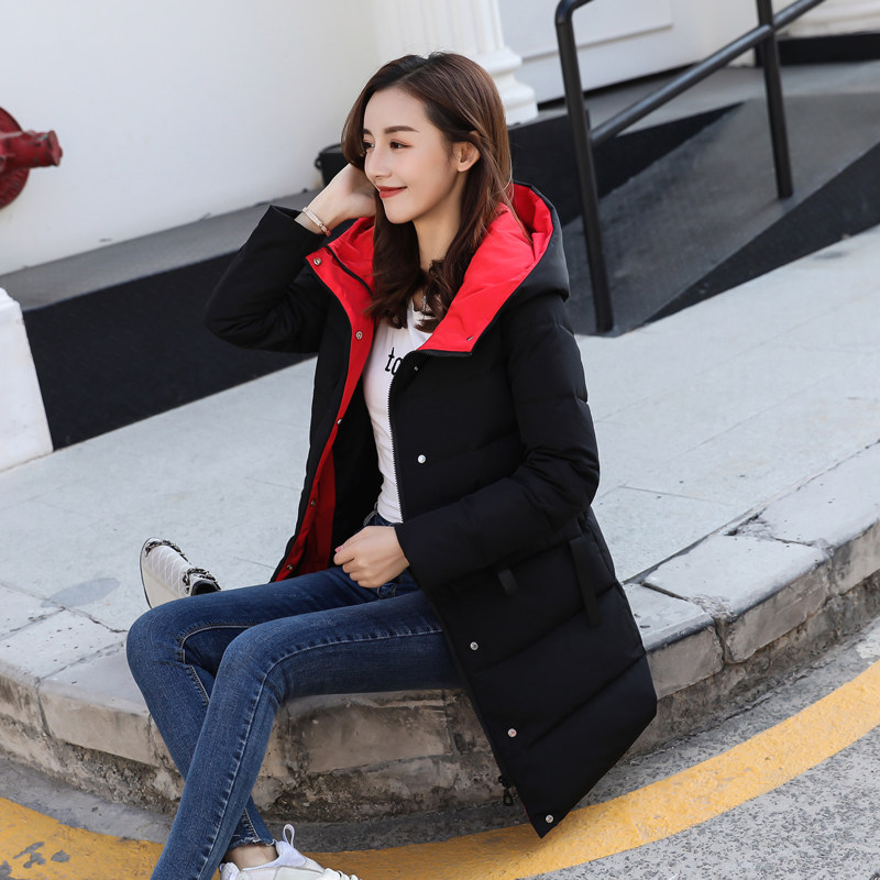撞色羽绒服女2025新款加厚韩版中长款冬季反季白鸭绒连帽羽绒衣潮