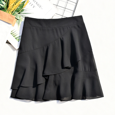 雪纺a字高腰不规则荷叶边裙