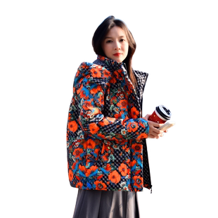 花色羽绒服女短款2025年冬季新款加厚女款小个子修身印花女士外套