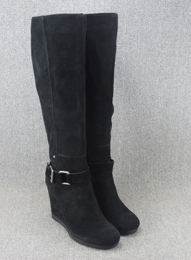 清仓外贸真皮大码长筒靴女秋冬磨砂牛皮高筒防水台坡跟厚底马丁靴