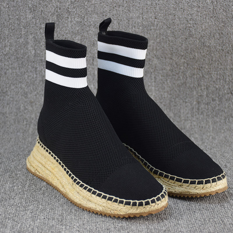 春夏欧美飞线针织女鞋渔夫鞋麻绳高帮套脚弹力女士圆头袜子运动鞋