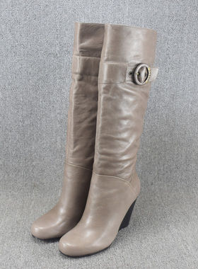 清仓外贸真皮大码坡跟长靴女一脚蹬高跟马丁靴高筒圆头单靴子女鞋