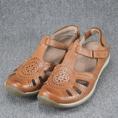 女平跟厚底圆头复古一字扣带包头罗马鞋 外贸原单真皮大码 平底凉鞋