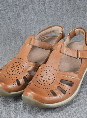 外贸原单真皮大码平底凉鞋女平跟厚底圆头复古一字扣带包头罗马鞋