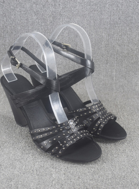 特价库存清仓真皮女鞋铆钉细带交叉带复古露趾坡跟女凉鞋高跟鞋