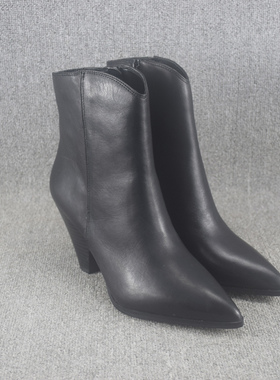 外贸大码真皮粗跟尖头侧拉链牛皮短靴秋冬踝靴女鞋短筒马丁靴女鞋