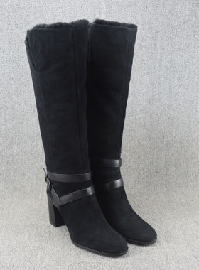 清仓小码真皮高跟女靴及膝长靴女长筒靴百搭瘦腿粗跟圆头一脚蹬靴