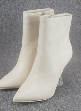 外贸真皮大码短靴女秋季时装高跟瘦瘦靴尖头水钻酒杯跟百搭女靴子