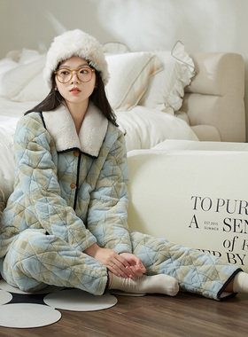 马克公主睡衣女冬季格子珊瑚绒加厚加绒三层夹棉袄套装外穿家居服