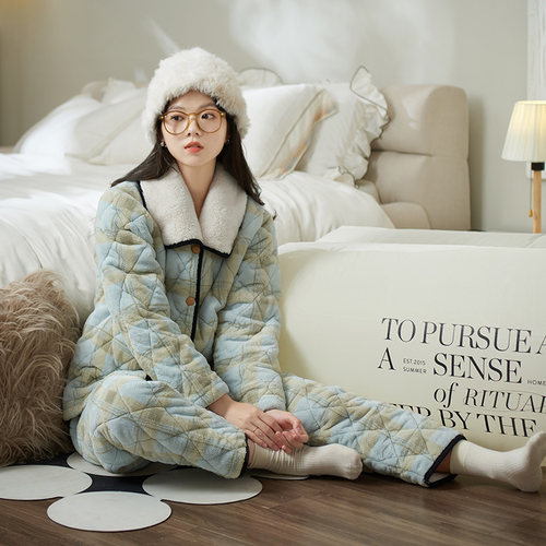 冬季女士睡衣加厚夹棉撞色格纹