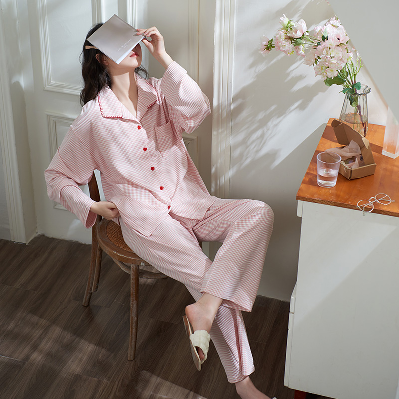 睡衣女春秋款柔软棉甜美粉色格纹