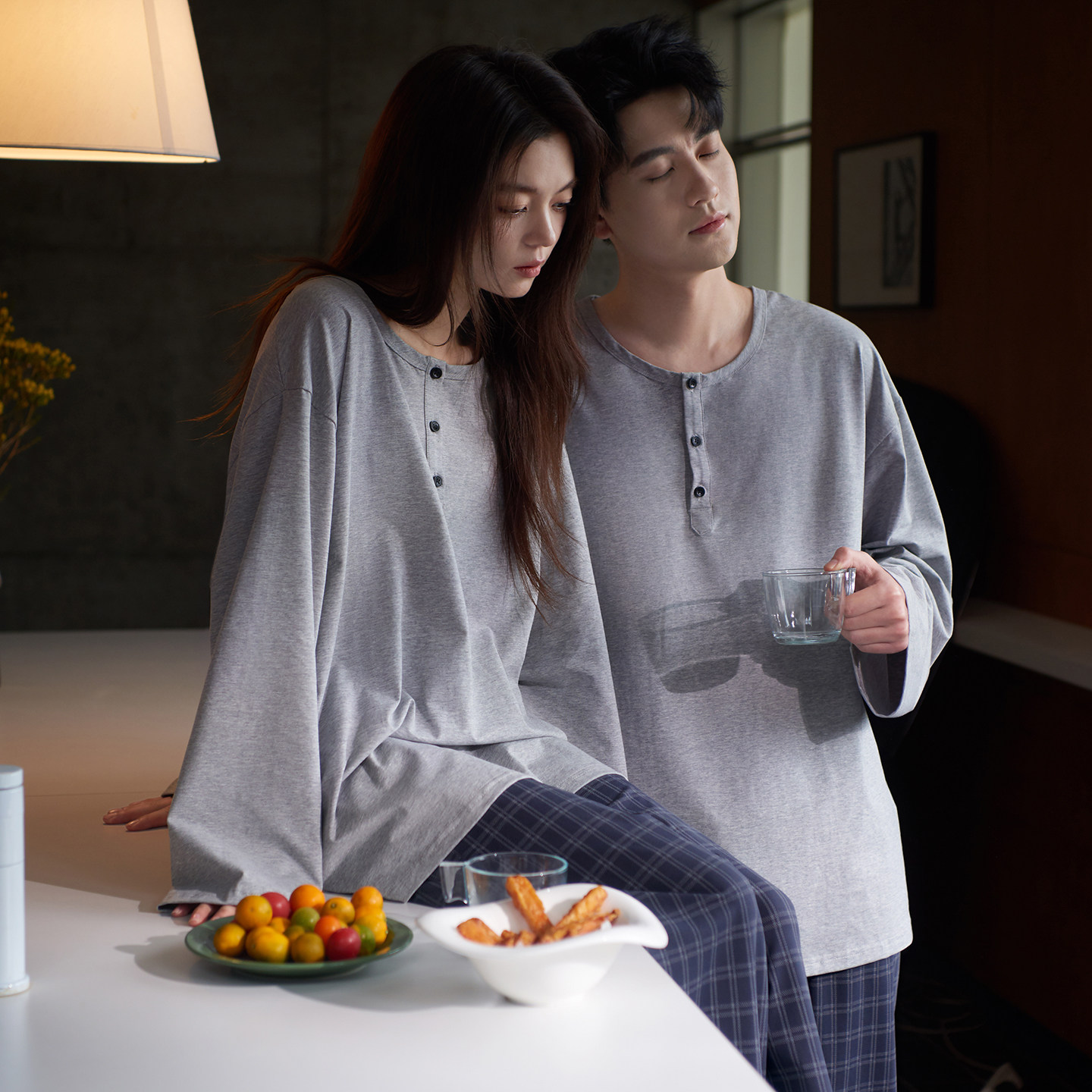 马克公主慵懒风情侣睡衣女春秋款休闲T恤格子长裤轻运动家居服男