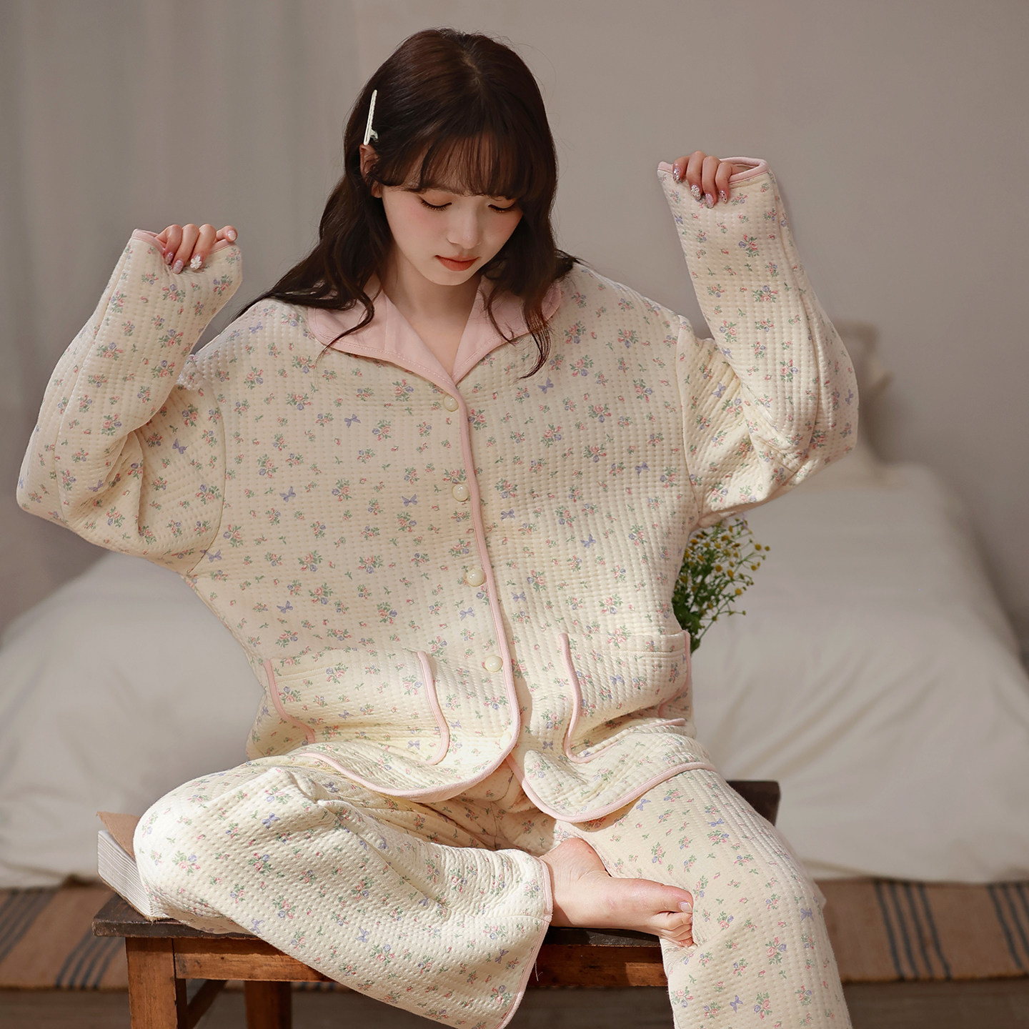 马克公主轻又暖空气棉睡衣女秋冬甜美韩系纯棉加厚夹层薄棉家居服