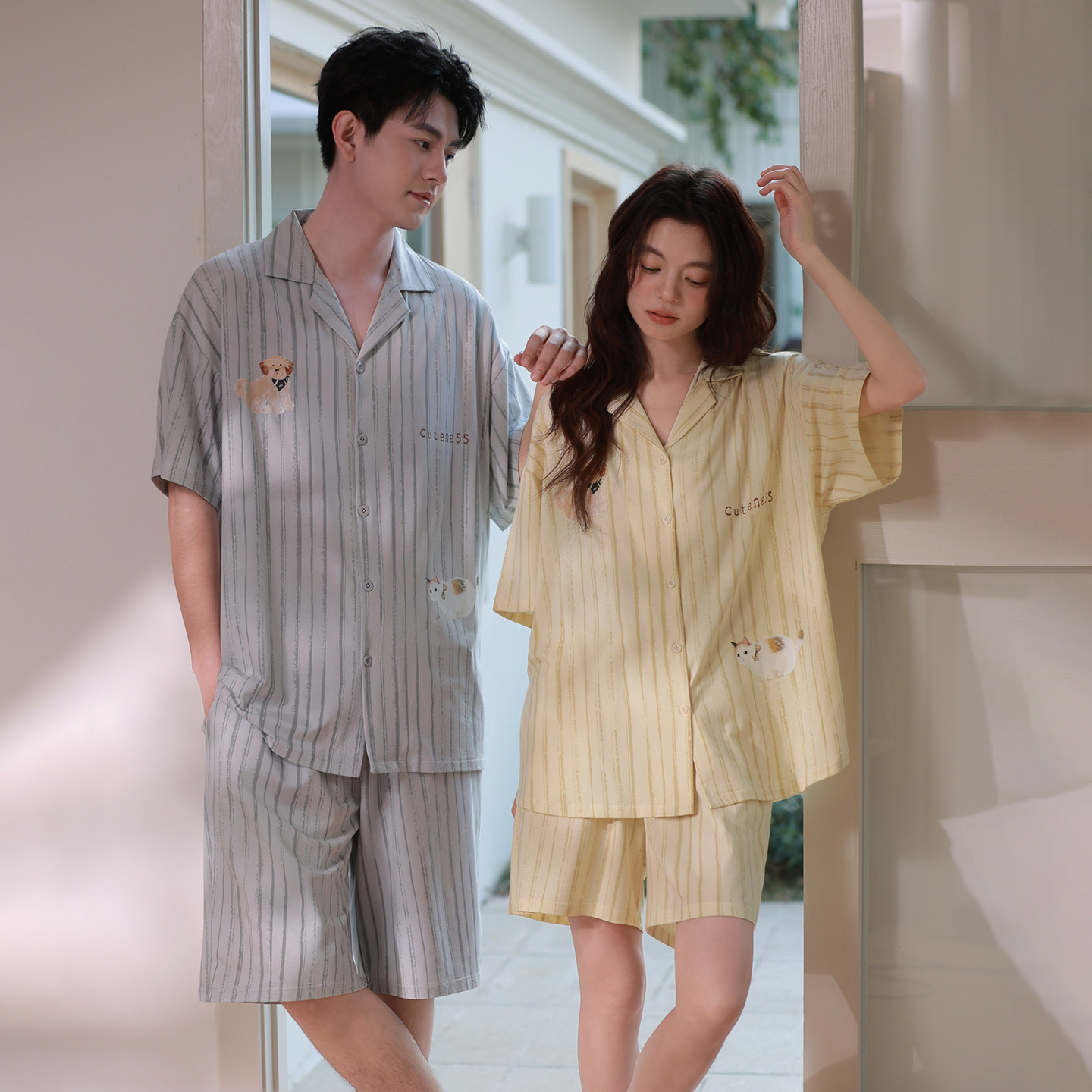 马克公主日系情侣睡衣女夏季新款可爱卡通凉感莫棉条纹男生家居服