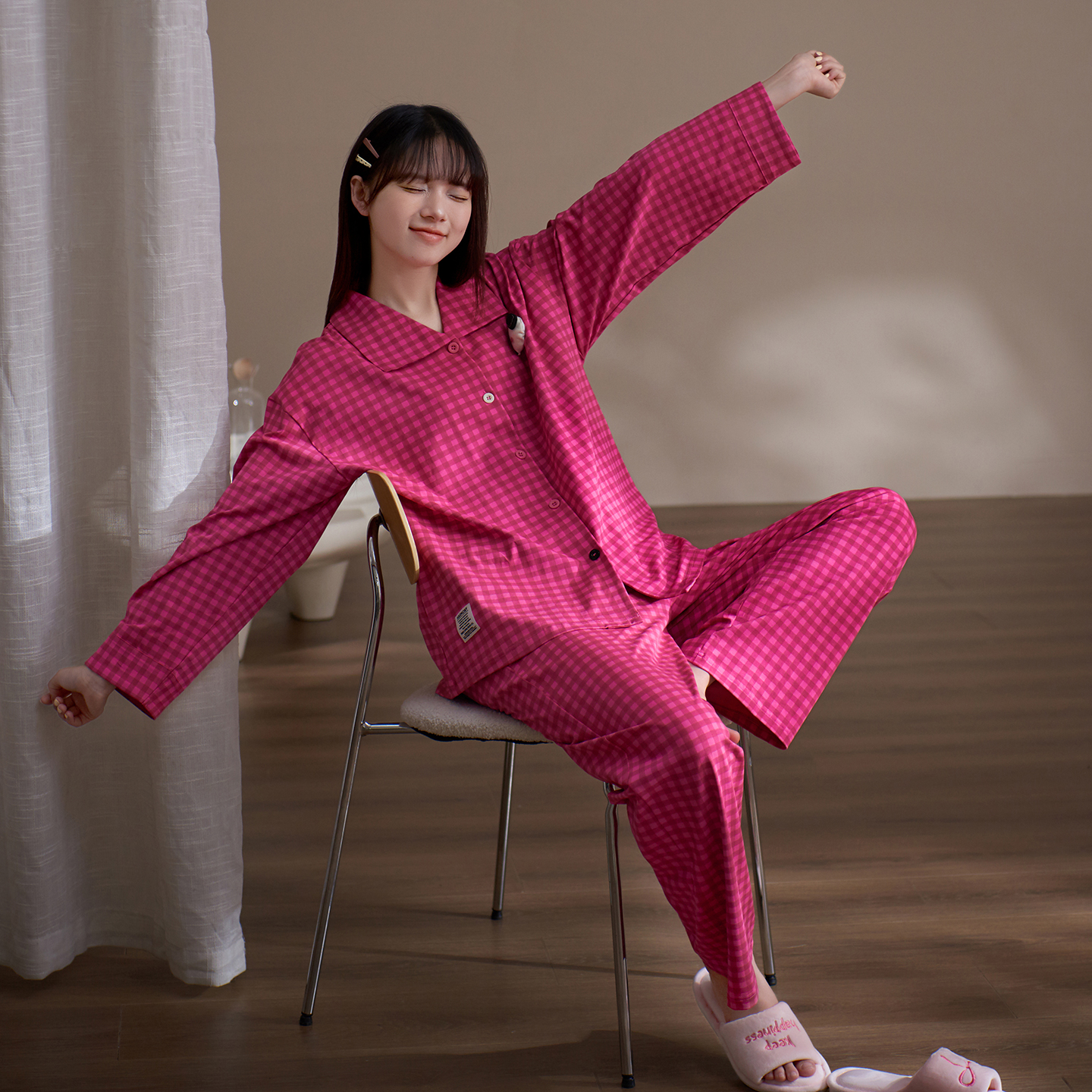 多巴胺睡衣女春秋款纯棉长袖格子