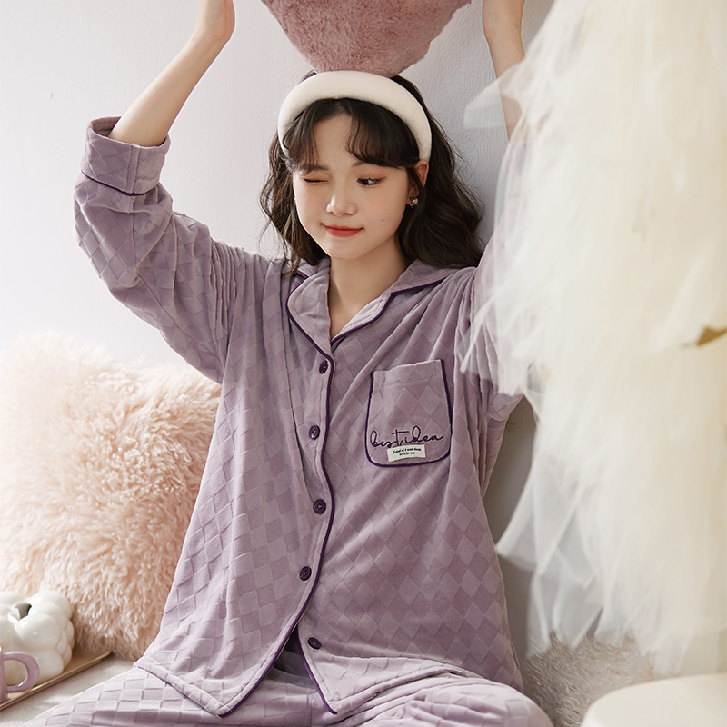 秋冬季女士睡衣海岛绒甜美格子