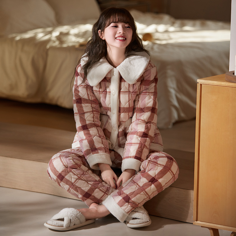 睡衣女冬款加厚夹棉红色复古格纹