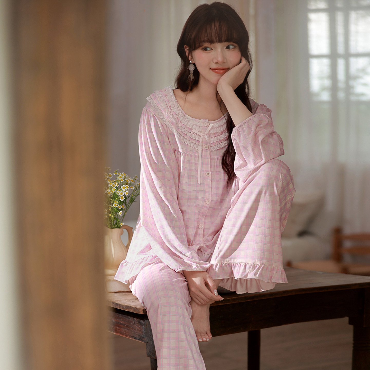 马克公主甜美粉色格子睡衣女春秋