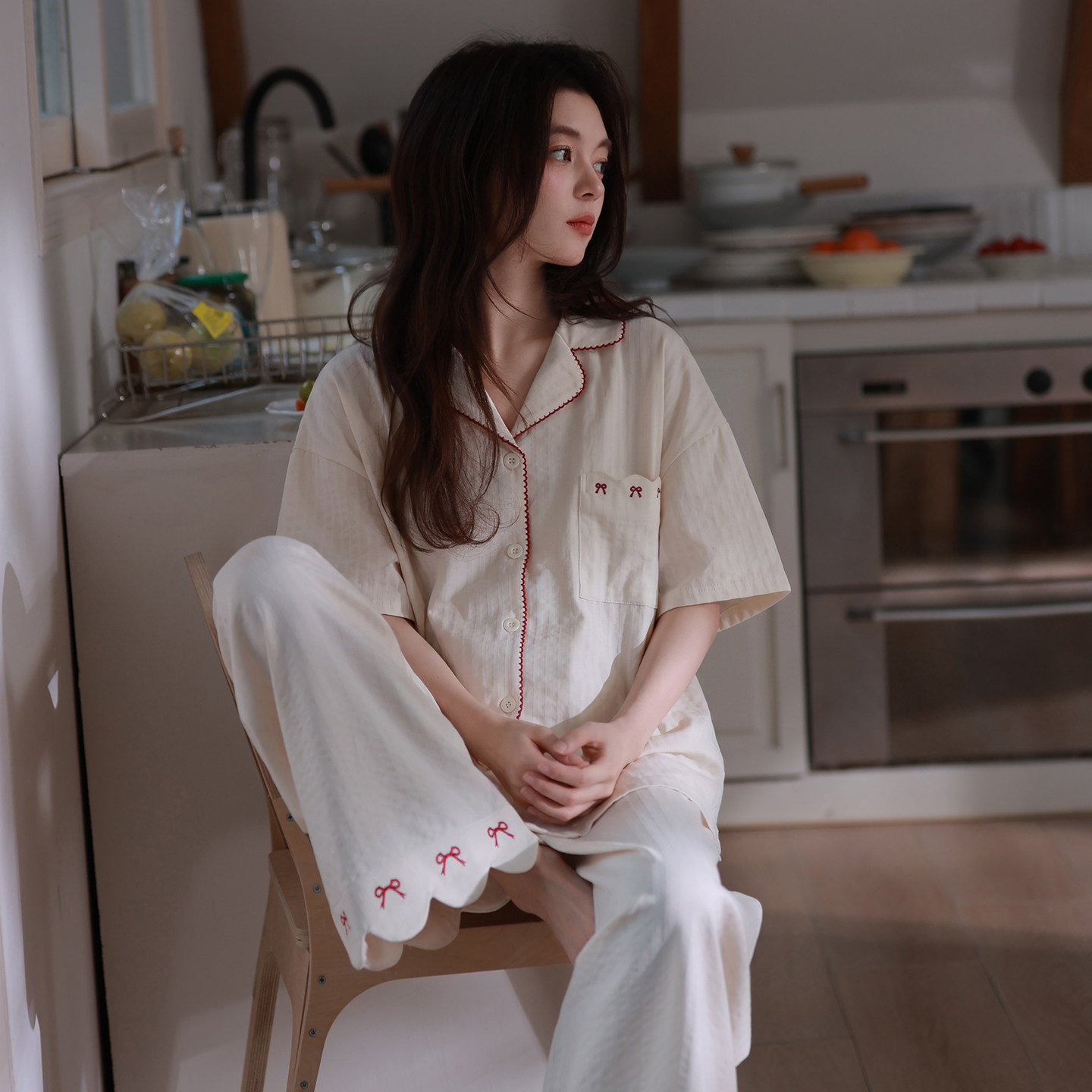 马克公主甜美蝴蝶结睡衣女夏季薄款纯棉红色短袖长裤高质感家居服