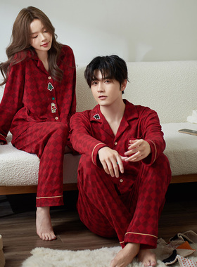 马克公主情侣睡衣女春秋红色圣诞纯棉新婚结婚男士套装家居服秋冬