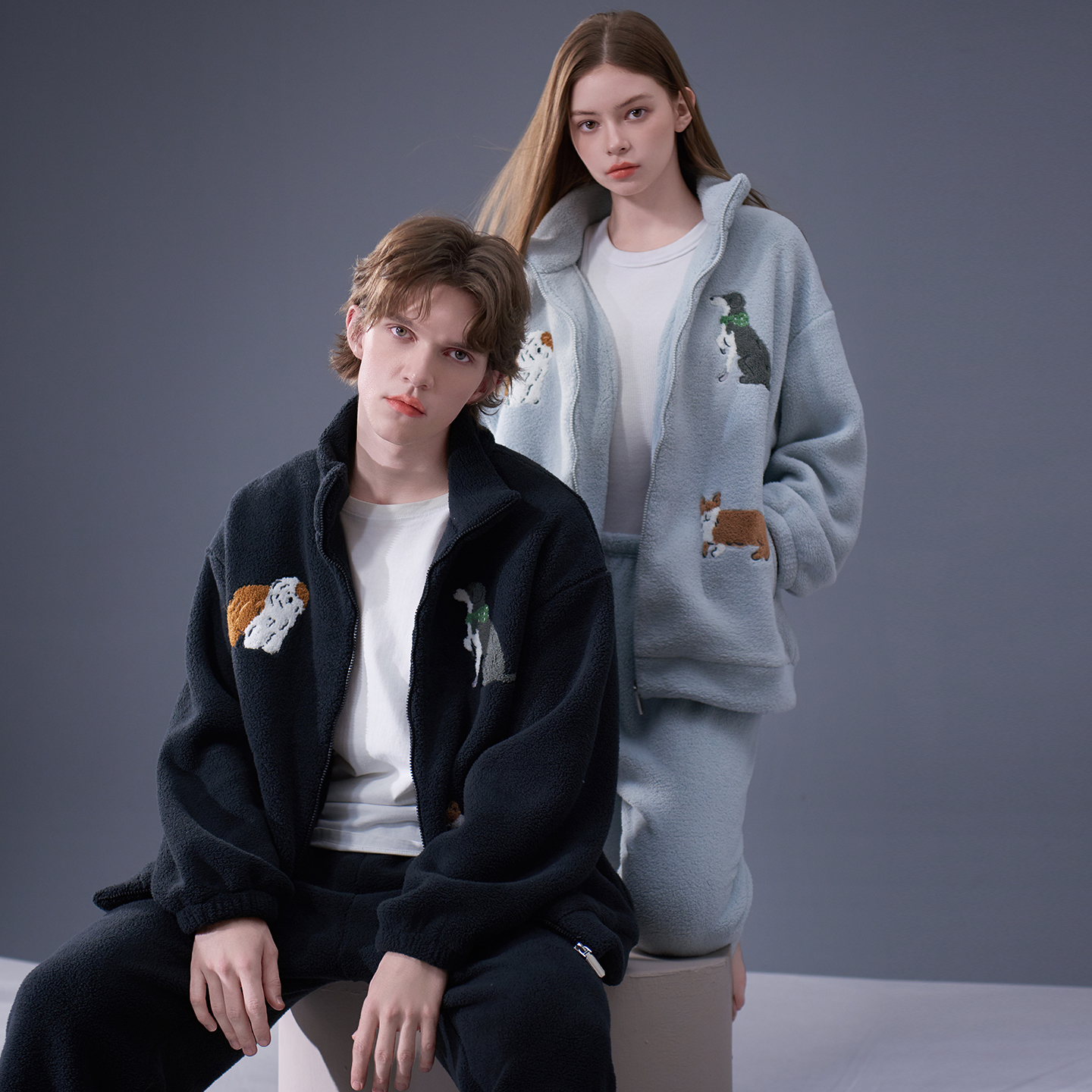 羊羔绒睡衣情侣秋冬加厚卡通小狗