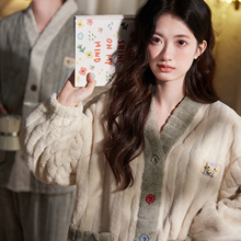 马克公主冬季情侣睡衣女秋冬加厚加绒可爱撞色珊瑚绒小熊家居服男