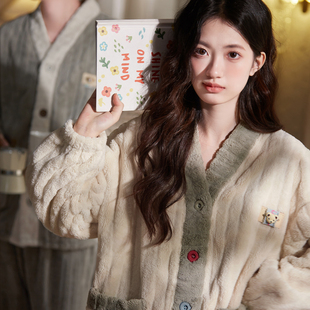 马克公主冬季情侣睡衣女秋冬加厚加绒可爱撞色珊瑚绒小熊家居服男