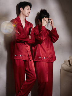 马克公主夫妇睡衣女士春秋冰丝绸红色婚礼新婚夫妇动物年家庭服装
