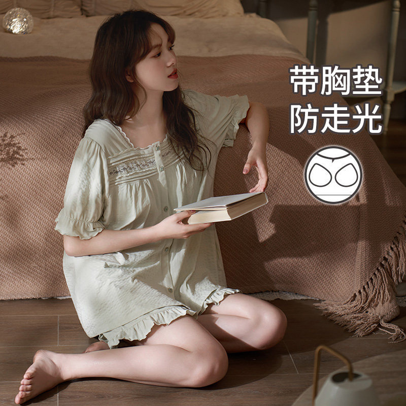 带胸垫睡衣女夏纯棉小清新田园风
