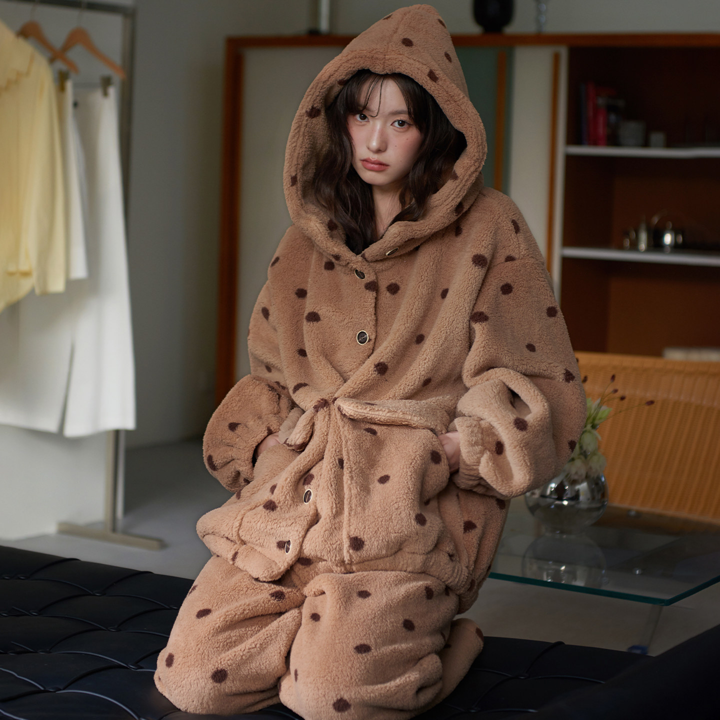 美拉德棕色波点睡衣女冬季羊羔绒