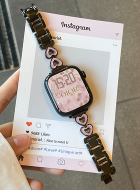 适用苹果手表表带s11女款iwatch s10新款watch爱心金属钢带applewatchs98夏天series表壳高级感41/45mm腕带se