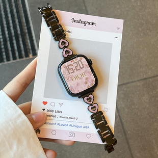 适用苹果手表表带s11女款iwatch s10新款watch爱心金属钢带applewatchs98夏天series表壳高级感41/45mm腕带se