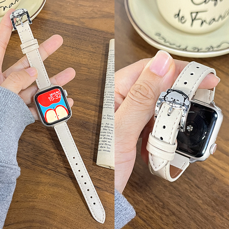 适用苹果手表表带s10新款真皮iwatchs9金属小猫女士S8智能Apple Watch运动ultra男女款创意SE可爱高级感JY