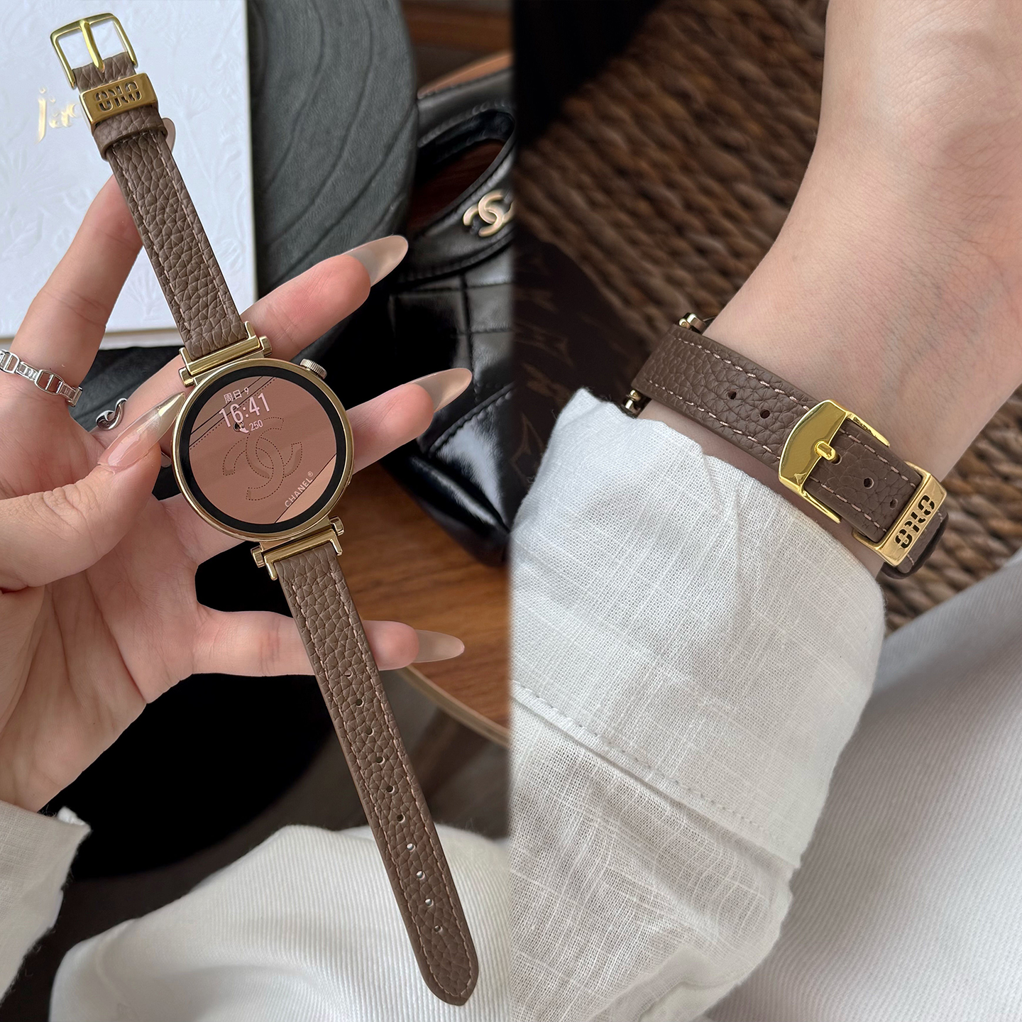 适用华为手表表带gt6智能gt5女款watch5荔枝纹gt6Pro新款GT4金属扣真皮质运动腕带男WATCH4/3高级感JY秋冬季