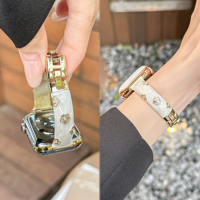 适用于苹果手表s10表带鎏金金属s9花朵新款s11手镯iwatch女款se系列Apple watch保护套XL高级感运动智能腕带