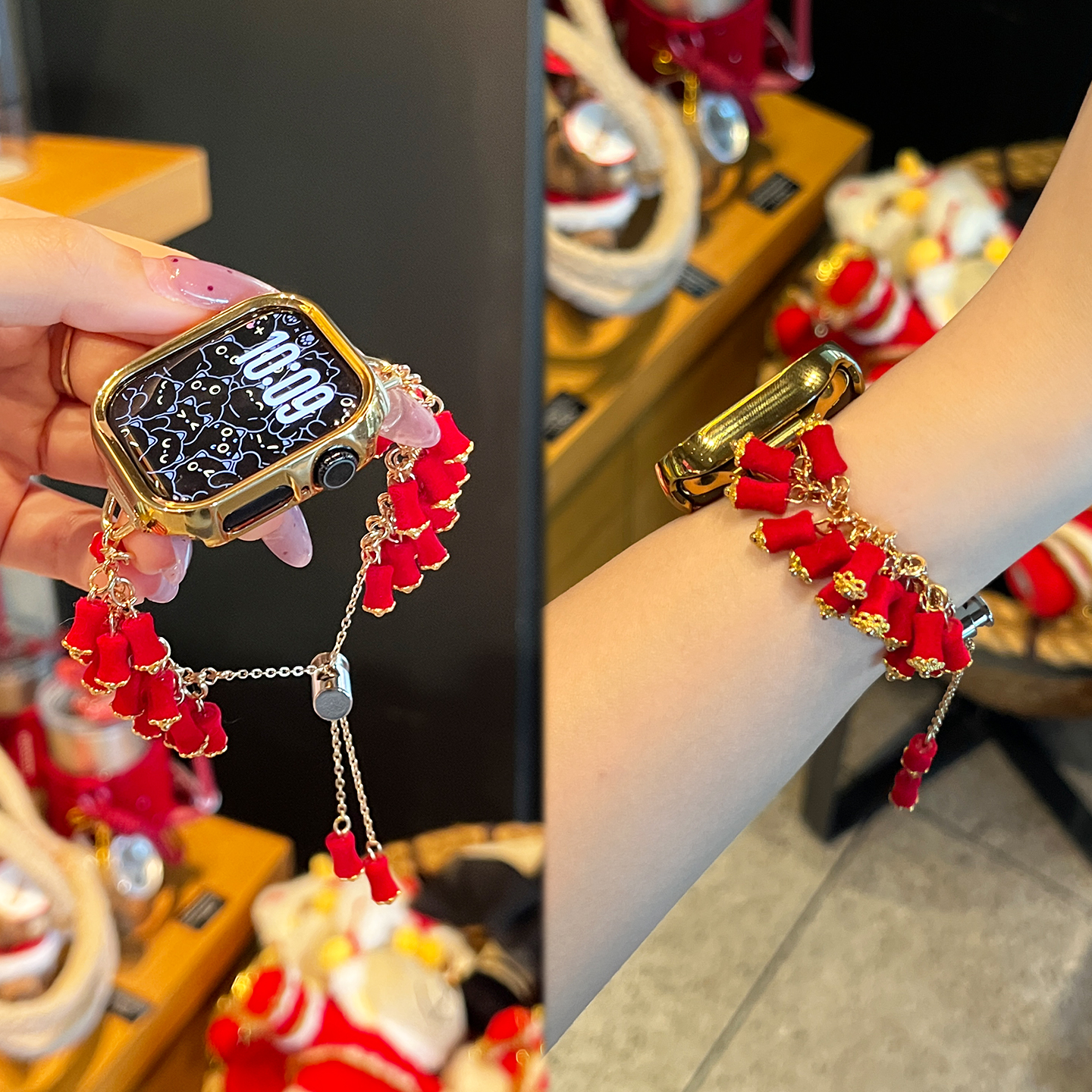 适用于applewatch手表带s11新年红苹果s10绒面s9鞭炮series串珠链式se3运动智能腕带ultra女款s8高级XL秋冬季