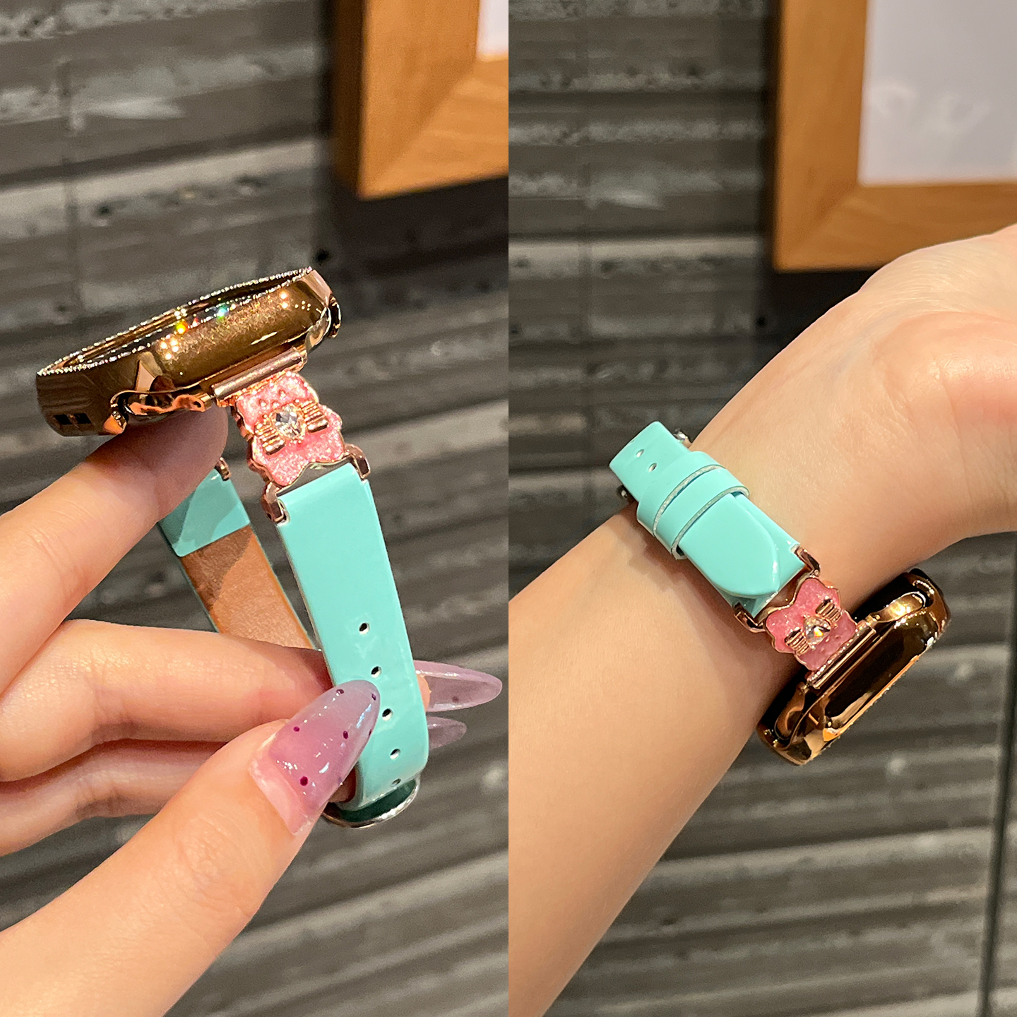 适用iwatch苹果手表表带s11皮质s10新款series9亮面金属腕表AppleWatch钻石猫咪男女款s876高级感JY秋冬se3