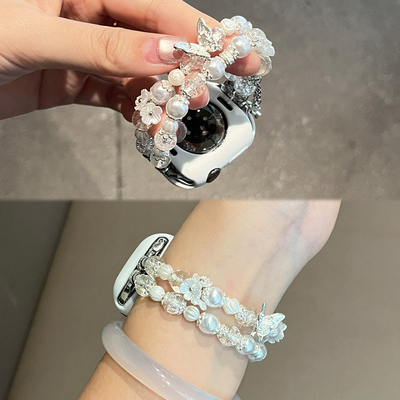 适用于苹果手表表带s10新款s11爆裂串珠apple watch s9蝴蝶iwatch山茶花女款s8保护套壳XL夏高级运动智能腕带