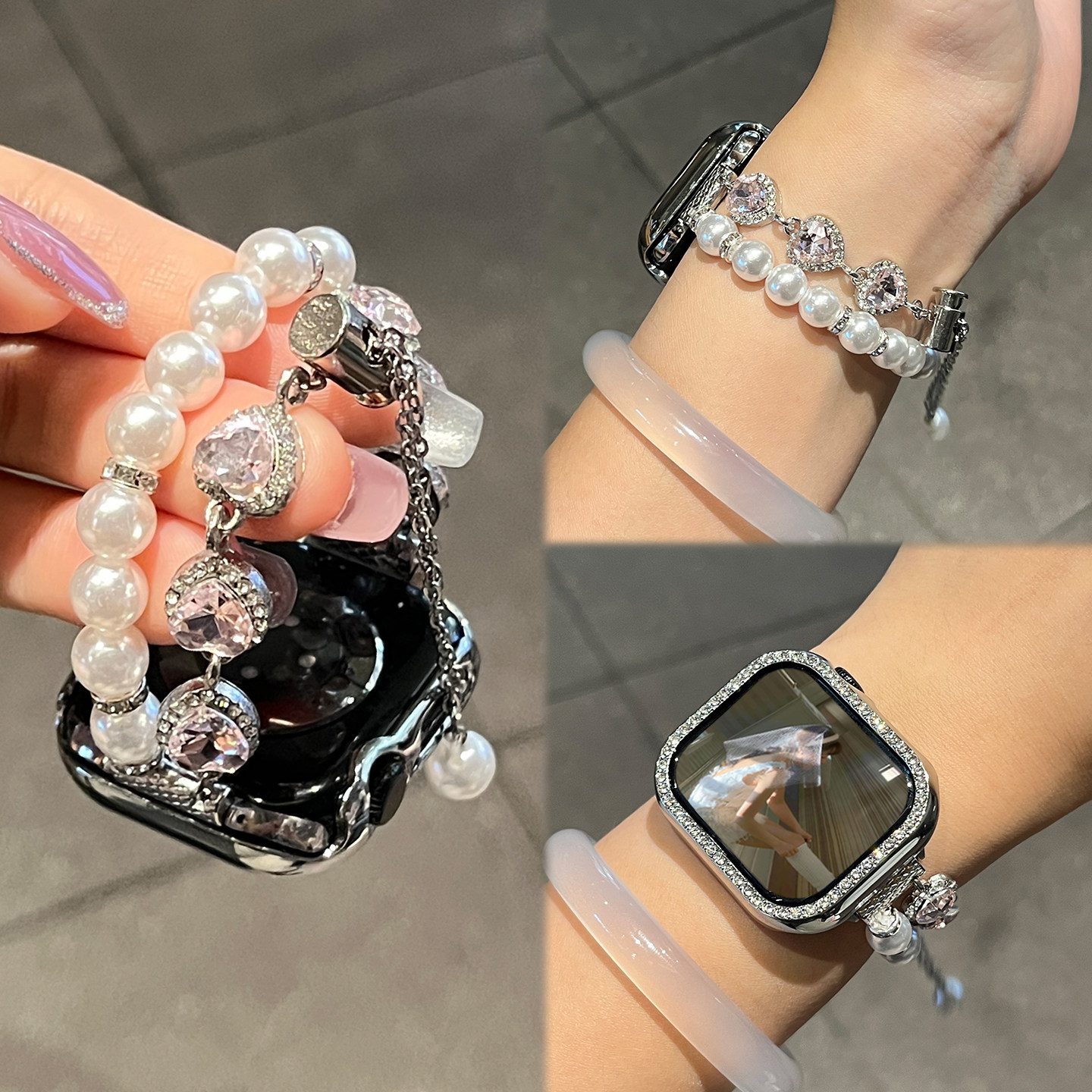 适用华为fit4手表表带watch fit3系列新款爱心珍珠白FIT4/5Pro串珠智能电子腕表fit2/1代女款金属JY夏天专用图片