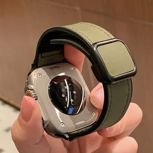 适用applewatch10表带ultra真皮s9苹果手表s8疯马纹iwatch磁吸扣s7男士 高级感49mm男女透气秋冬创意s6手表带