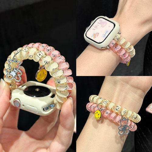 适用于苹果手表表带s11电话线弹力绳iwatch s10新款AppleWatch运动智能腕带s9小熊女款XL夏季高级se时尚腕带