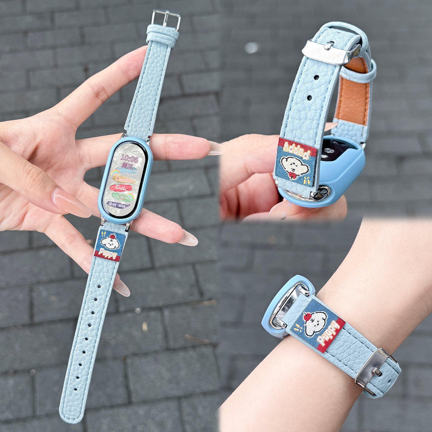 适用小米手环10表带Xiaomiband9/8时尚荔枝纹真皮质印花小狗女生腕带运动手表10陶瓷版可爱创意保护套秋冬款