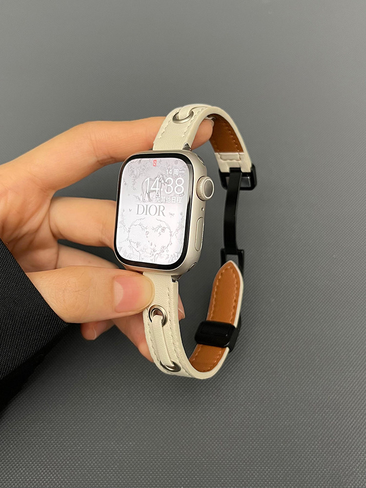 适用applewatch10表带s9苹果新款ultra美式平纹s8真皮质iwatch折叠扣s6磁吸皮带watch智能运动男女款高级创意图片